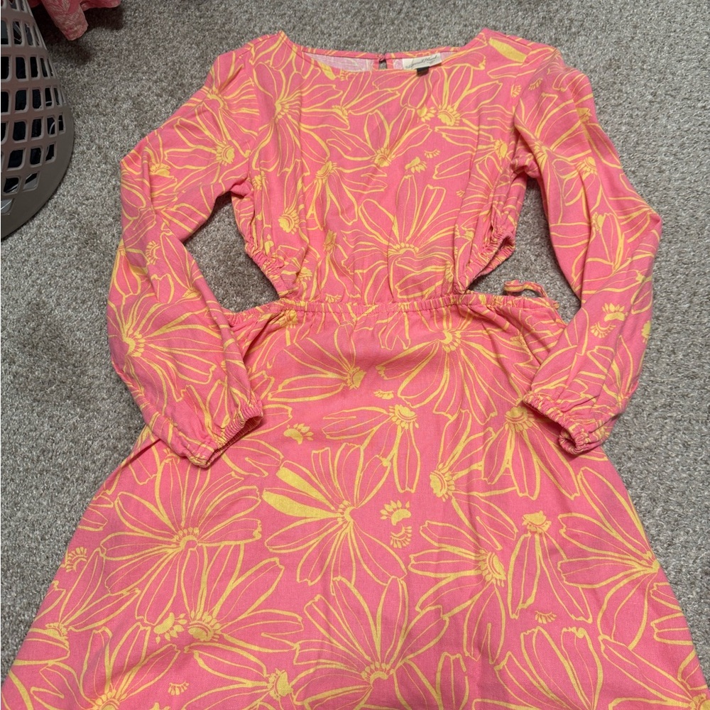 Universal Thread Pink Floral Long-Sleeve Dress with Yellow Print